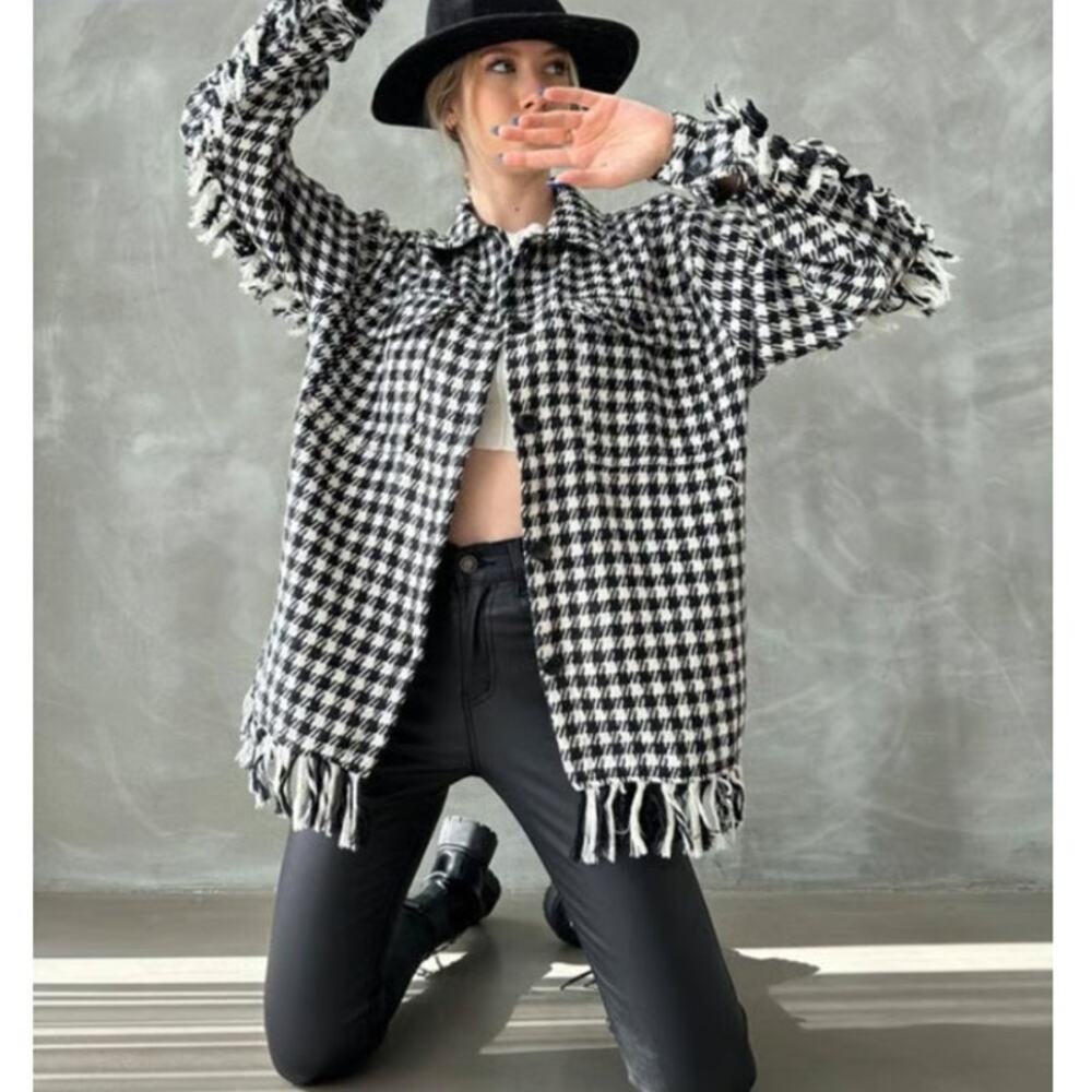 Zara Houndstooth Fringed Overshirt Barn Jacket Oversized Tweed Shacket 4391/737 - Picture 13 of 15
